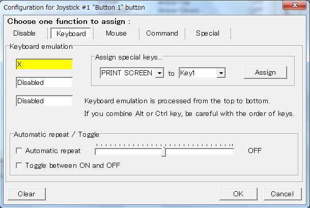 Joy2Key: Joystick button 1 is assigned to a key 'X'
