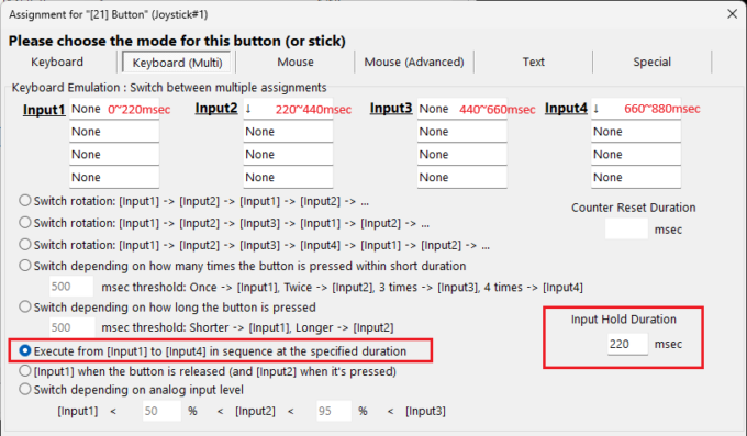 Button 21 as a sequence of inputs from input1 to input4 with the hold duration of 220 msec