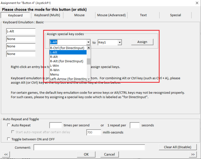 Assign special key codes for ALT emulation