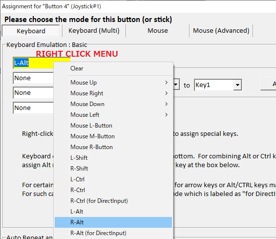 Right click to assign a special key code